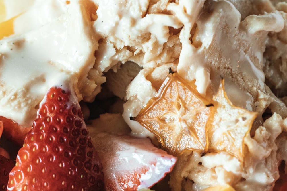 Filipino halo-halo shaved ice dessert with mixed toppings